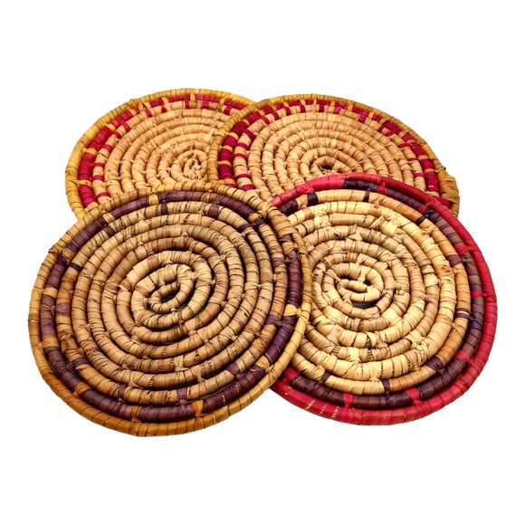 4 Handcrafted Vintage African Coil Basket Woven Wicker Rattan Trivets Wall Decor - Picture 4 of 16